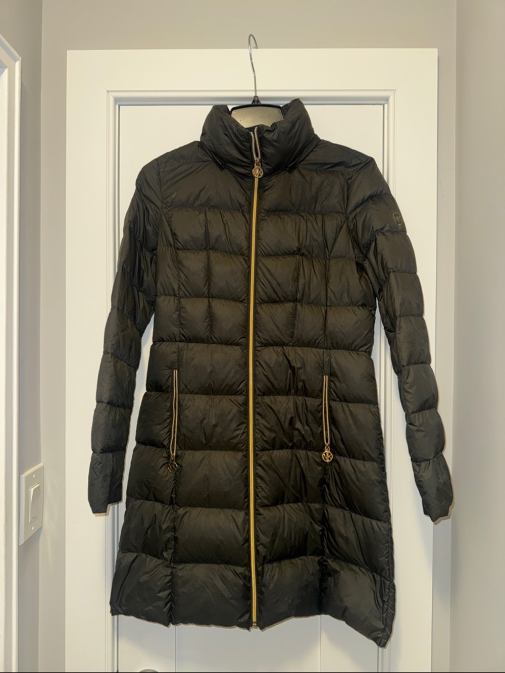 Michael Kors Black Long Quilted Puffer with Gold Trim
